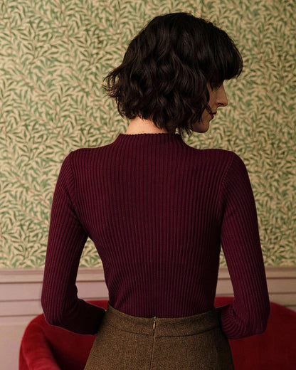 Bordo Yarım Balıkçı Yaka Ribbed Triko Tişört