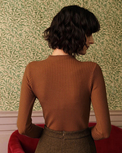 Karamel Yarım Balıkçı Yaka Ribbed Triko Tişört