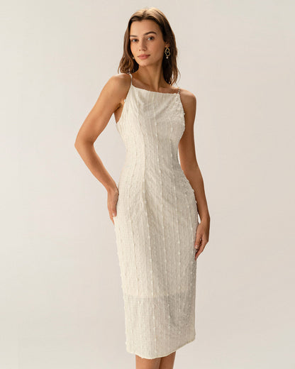 Bej Dokulu Beaded Slip Midi Elbise