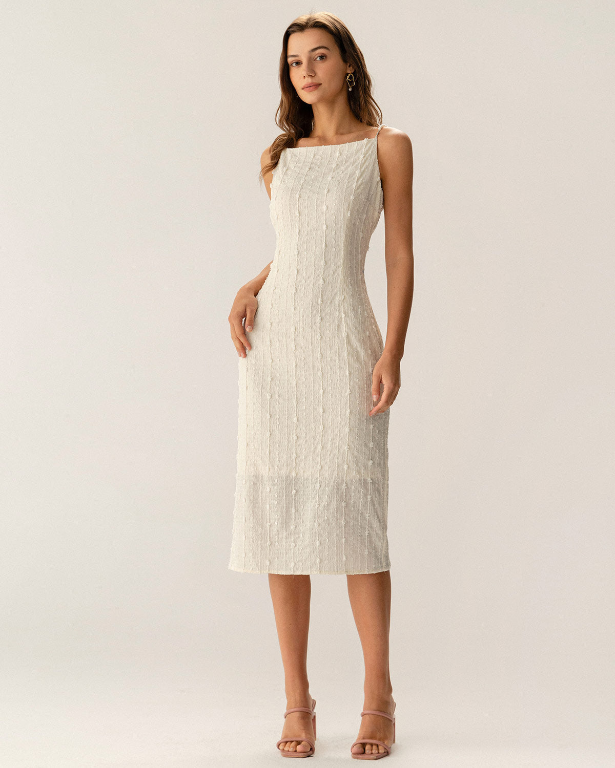 Bej Dokulu Beaded Slip Midi Elbise