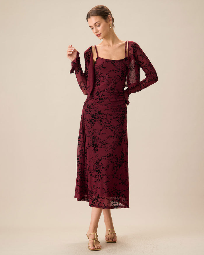 Kırmızı Çiçek Desenli Vücuda Oturan Slip Midi Elbise