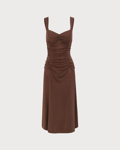 Kadın Kahve Büzgülü Knitted Slip Midi Elbise
