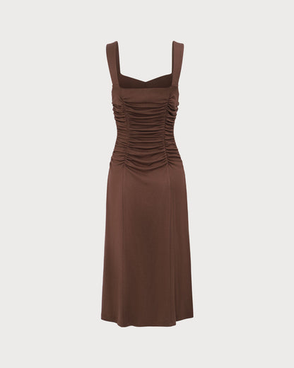 Kadın Kahve Büzgülü Knitted Slip Midi Elbise