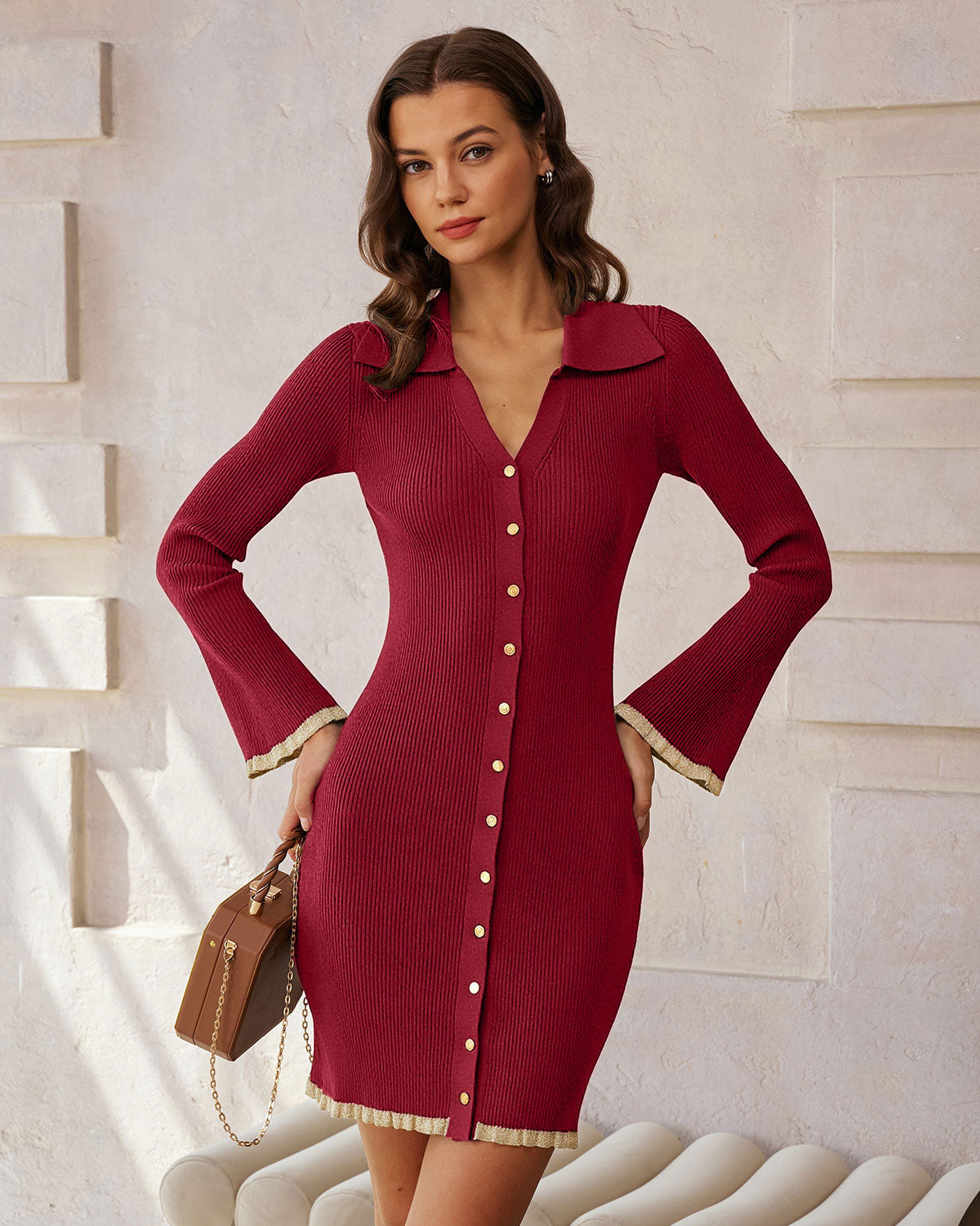 Bordo V Yaka Viskon Mini Dresses