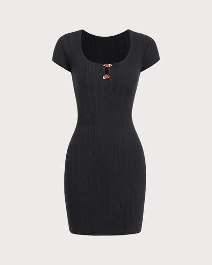 Siyah Yuvarlak Yaka Ribbed Mini Elbise