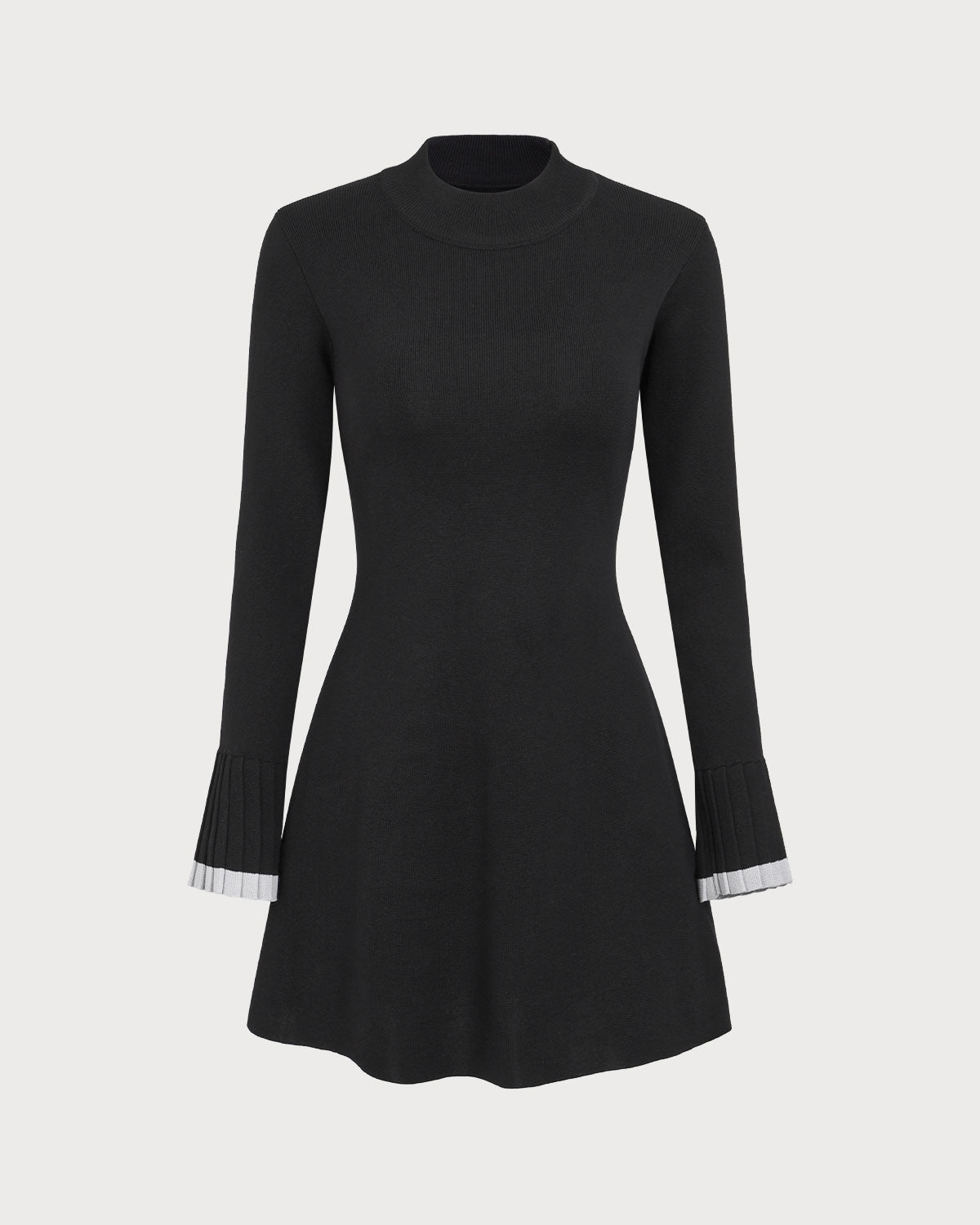 Siyah Kontrast Uzun Sleeve Kazak Mini Elbise
