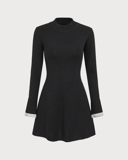 Siyah Kontrast Uzun Sleeve Kazak Mini Elbise