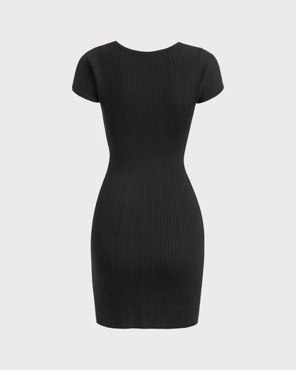 Siyah Yuvarlak Yaka Ribbed Mini Elbise