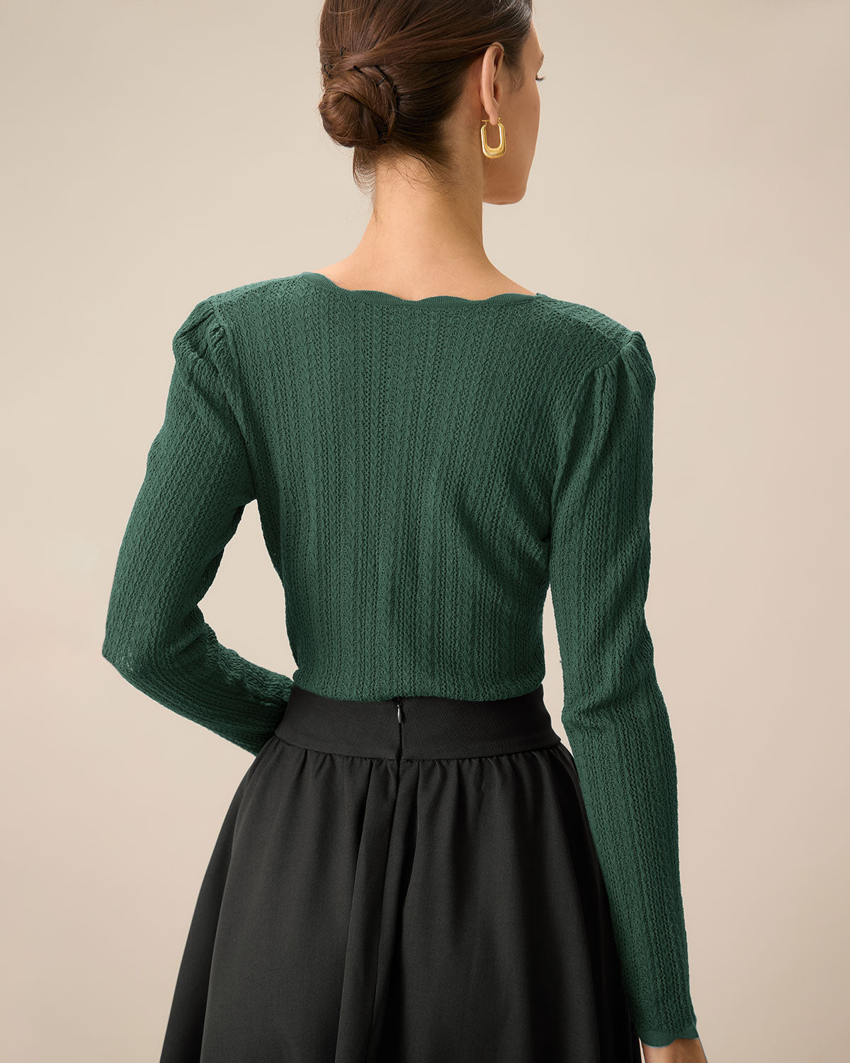 Yeşil Scalloped Dar Kalıp Kazak