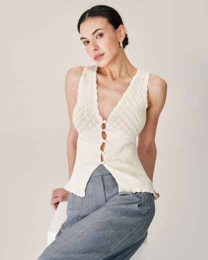 Bej V Yaka Ribbed Triko Tank