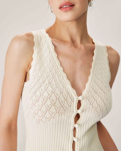 Bej V Yaka Ribbed Triko Tank