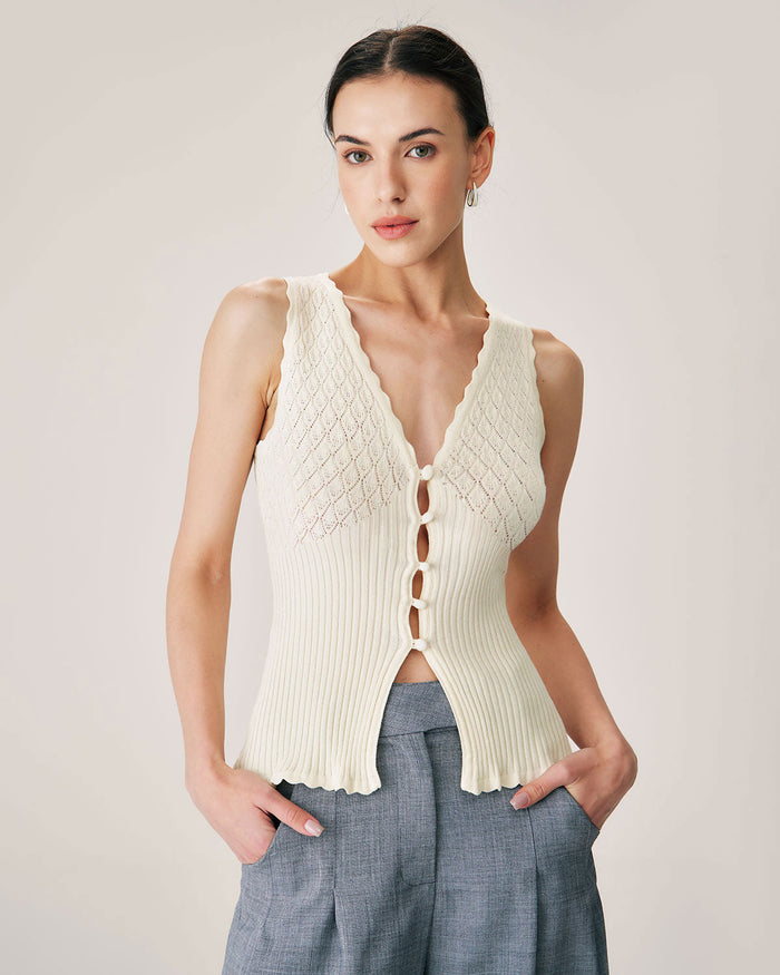 Bej V Yaka Ribbed Triko Tank