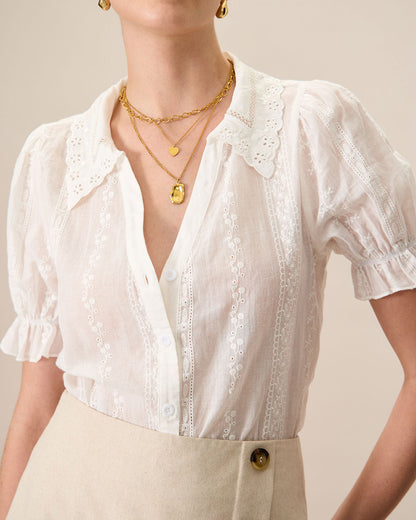 Kadın Beyaz Collared Dantelli Nakışlı Pamuk Bluz