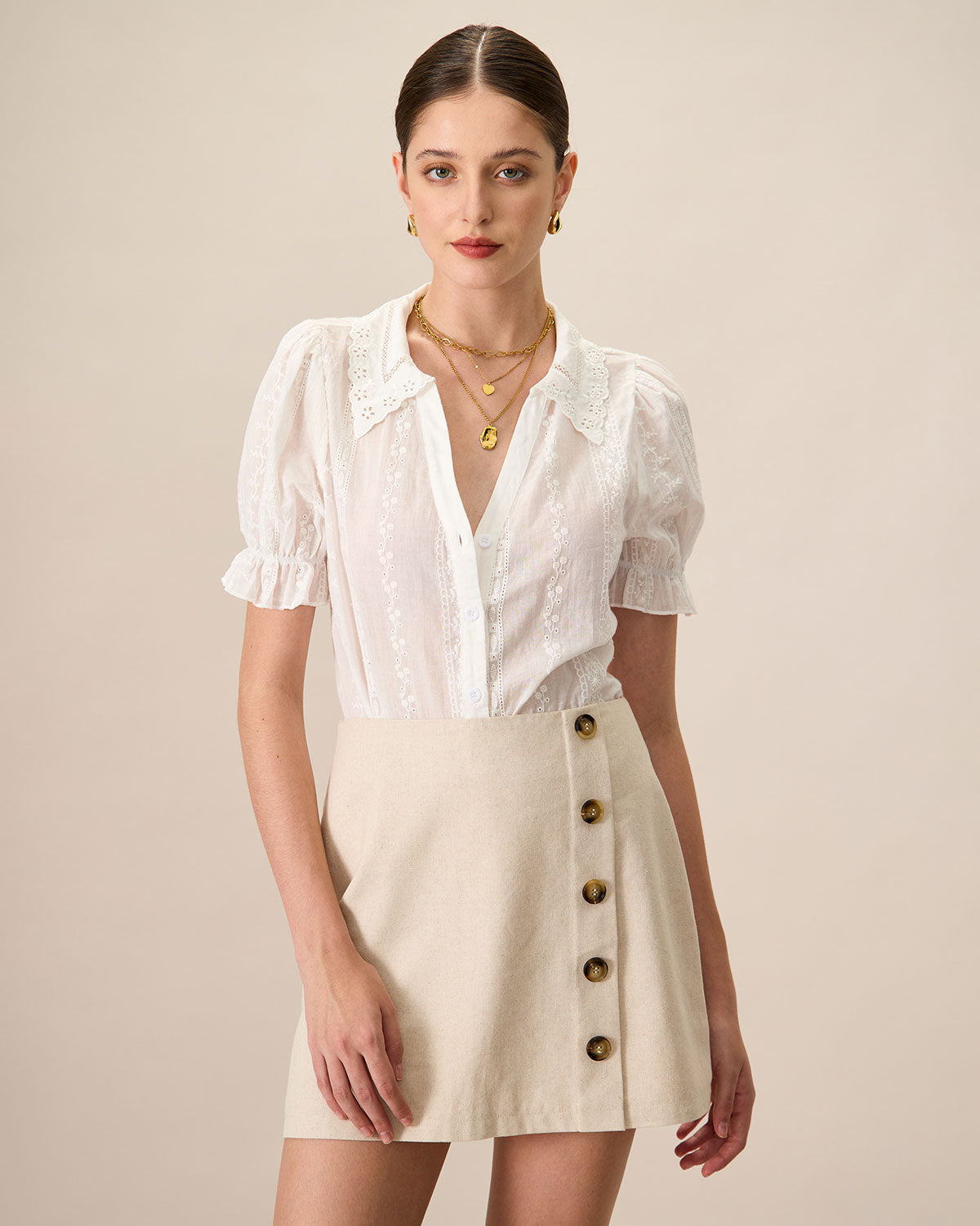 Kadın Beyaz Collared Dantelli Nakışlı Pamuk Bluz