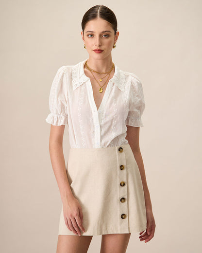 Kadın Beyaz Collared Dantelli Nakışlı Pamuk Bluz