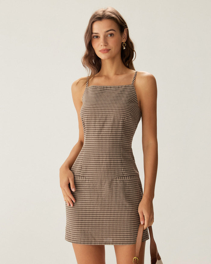 Kahverengi Gingham Slip Mini Elbise