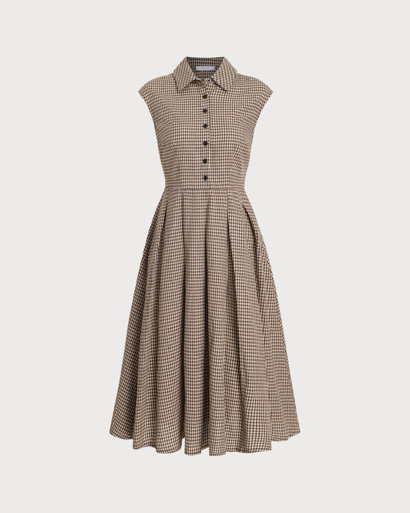 Kahverengi Ekoseli Düğmeli Pileli Midi Elbise