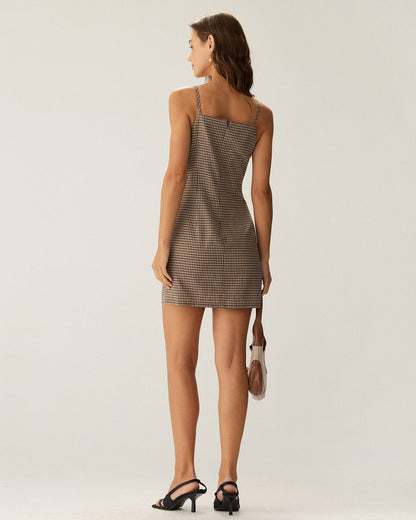 Kahverengi Gingham Slip Mini Elbise