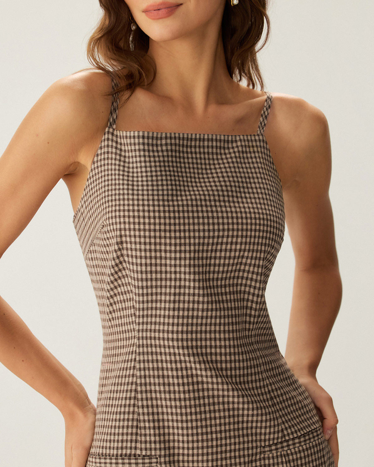 Kahverengi Gingham Slip Mini Elbise