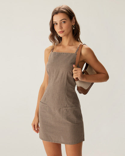 Kahverengi Gingham Slip Mini Elbise