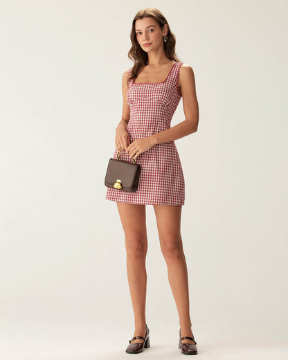 Kırmızı Gingham Kare Yaka Slip Mini Elbise