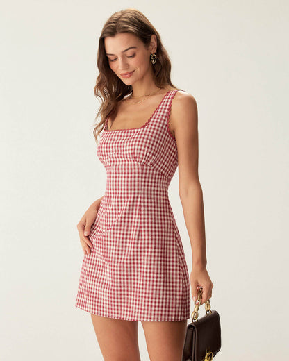 Kırmızı Gingham Kare Yaka Slip Mini Elbise