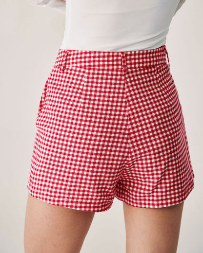 Kırmızı Ekoseli High-waisted Cep Detaylı Şort