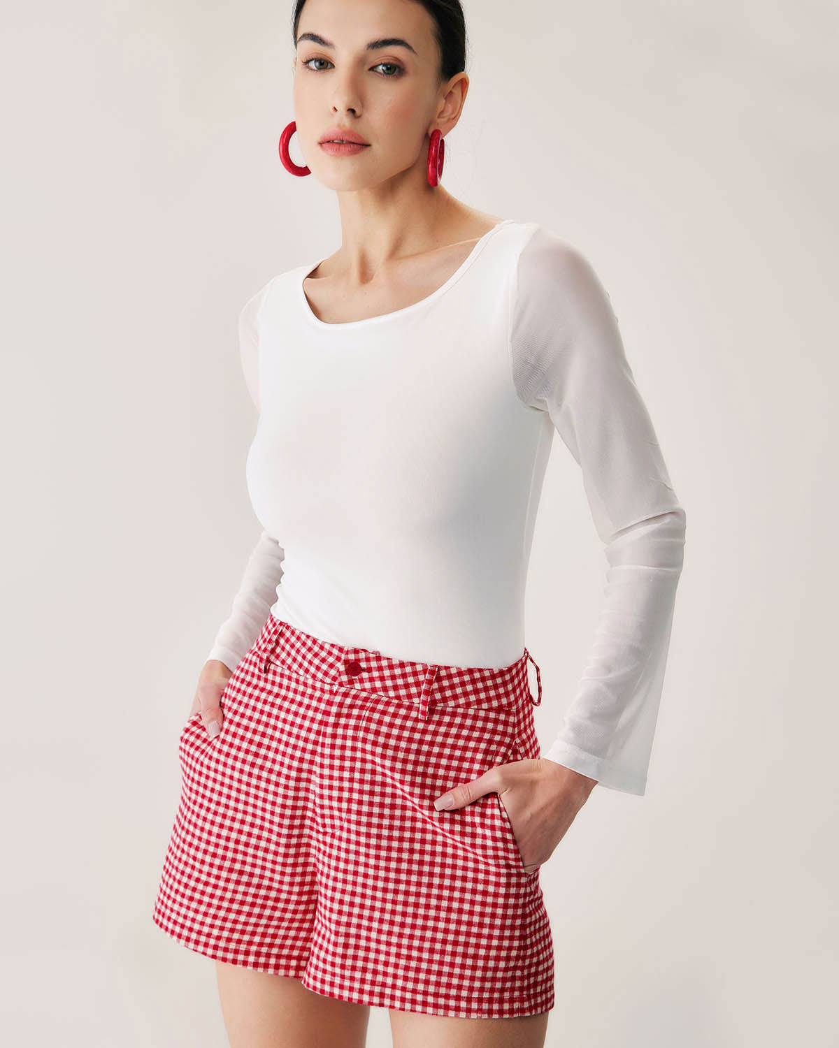 Kırmızı Ekoseli High-waisted Cep Detaylı Şort