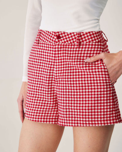 Kırmızı Ekoseli High-waisted Cep Detaylı Şort