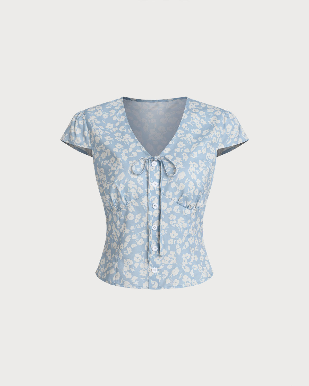 Mavi Çiçek Desenli V-Neck Bluz