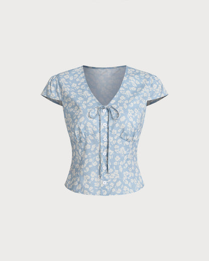 Mavi Çiçek Desenli V-Neck Bluz