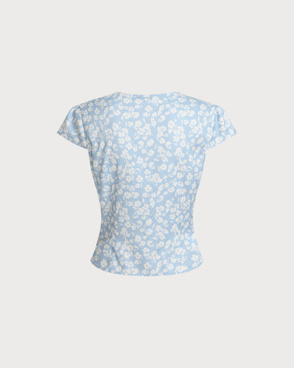 Mavi Çiçek Desenli V-Neck Bluz
