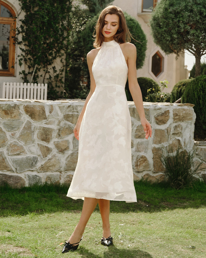 Bej Boyundan Bağlamalı Çiçek Desenli Midi Dresses