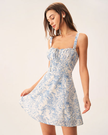 Mavi Çiçek Desenli Büzgülü Slip Corset Mini Elbise