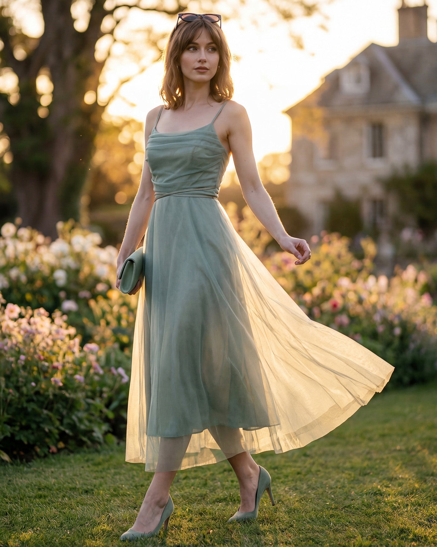 Yeşil File Flowy Slip Midi Elbise