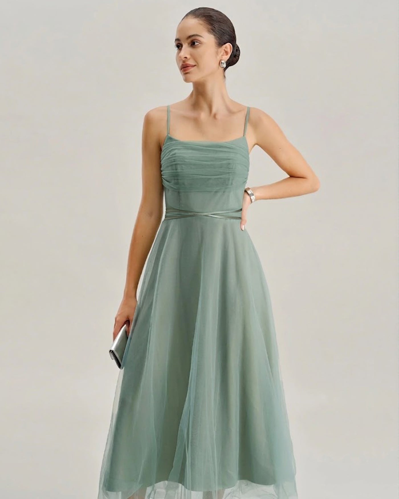 Yeşil File Flowy Slip Midi Elbise