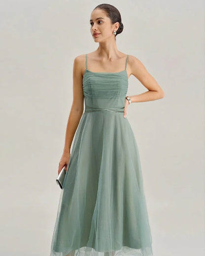 Yeşil File Flowy Slip Midi Elbise
