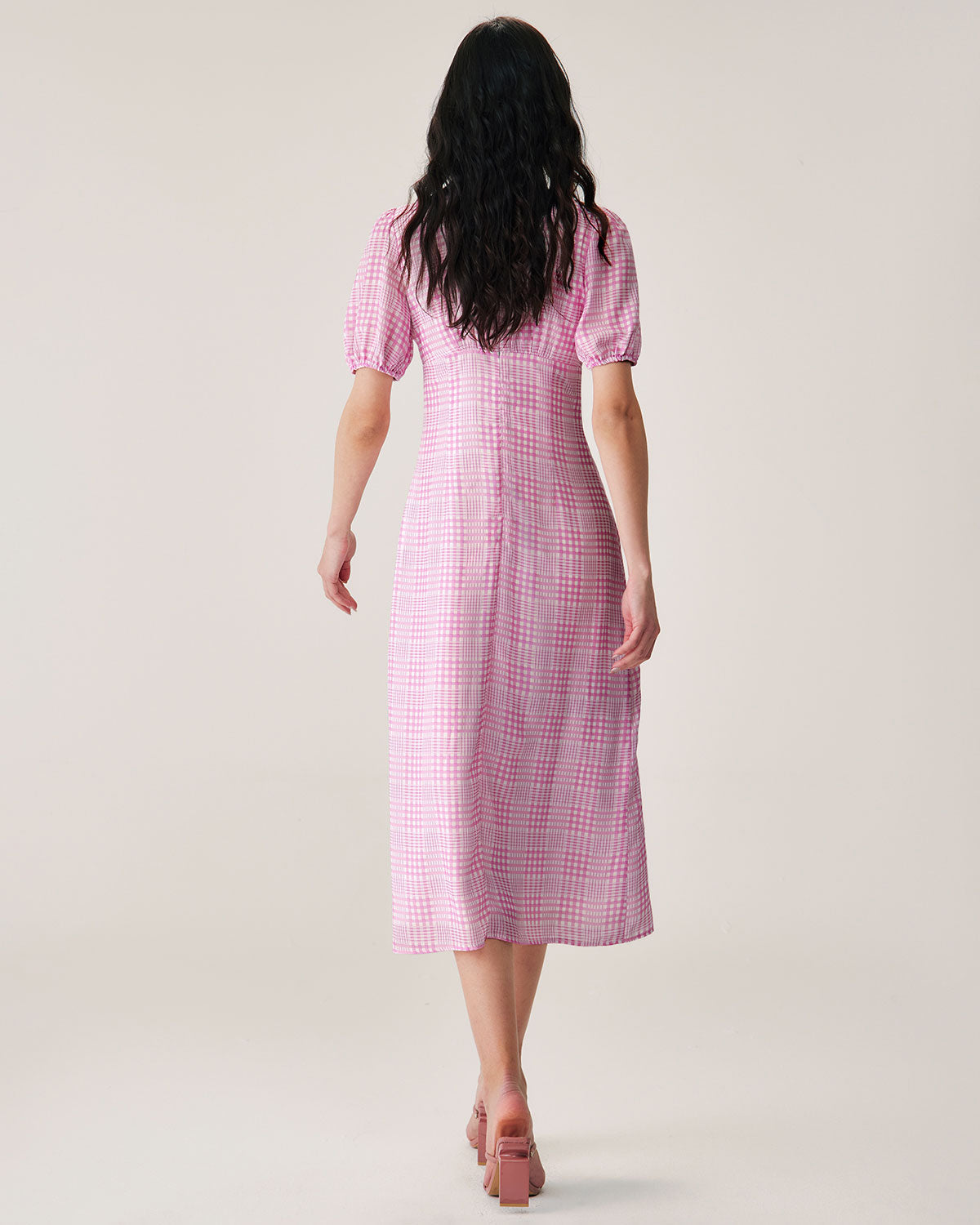 Pembe Ekoseli V-Neck Midi Elbise