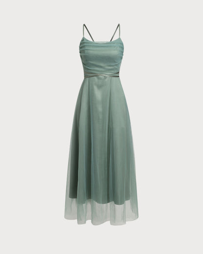 Yeşil File Flowy Slip Midi Elbise
