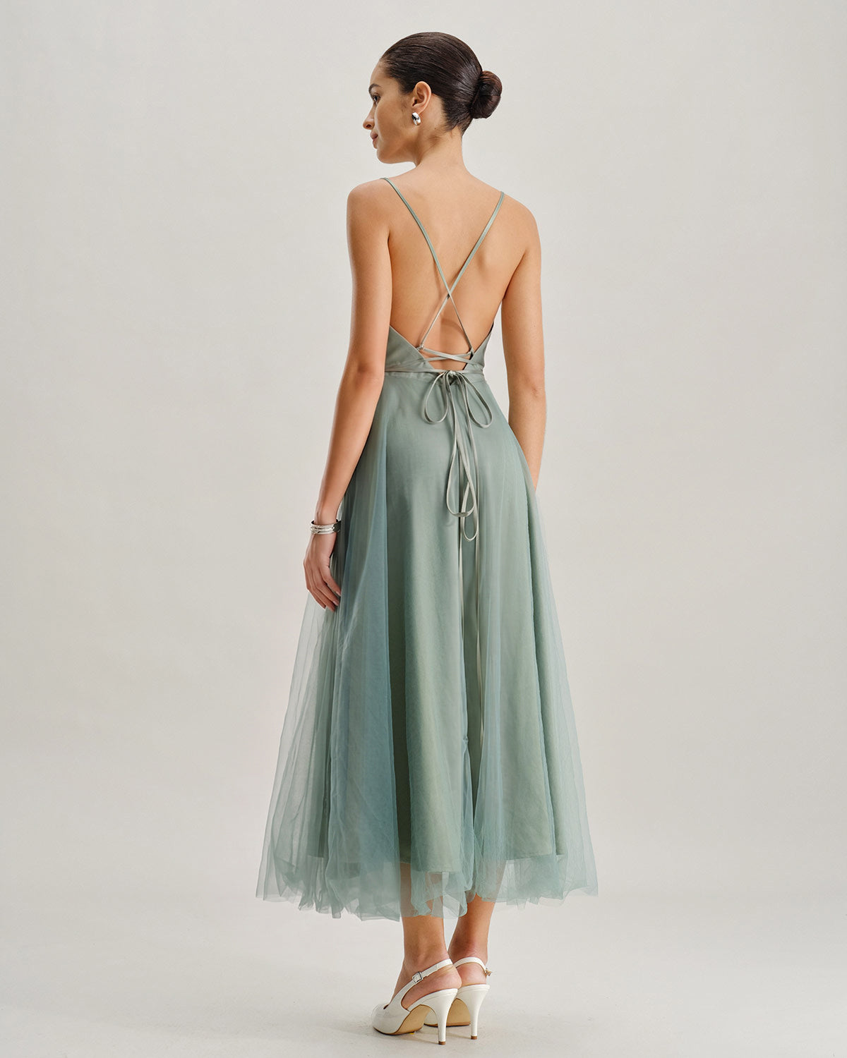 Yeşil File Flowy Slip Midi Elbise