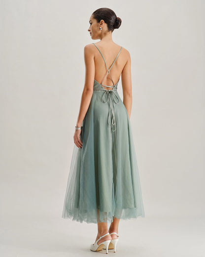 Yeşil File Flowy Slip Midi Elbise