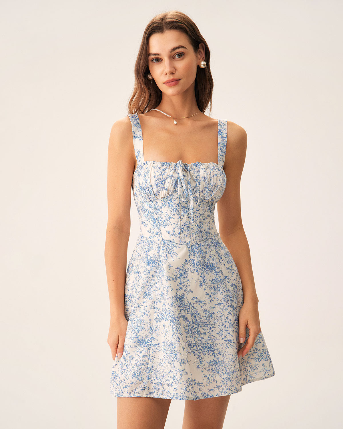 Mavi Çiçek Desenli Büzgülü Slip Corset Mini Elbise