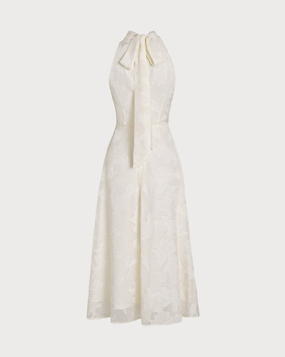 Bej Boyundan Bağlamalı Çiçek Desenli Midi Dresses