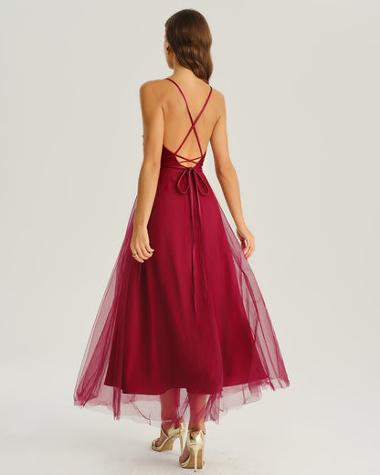 Bordo File Flowy Slip Midi Elbise