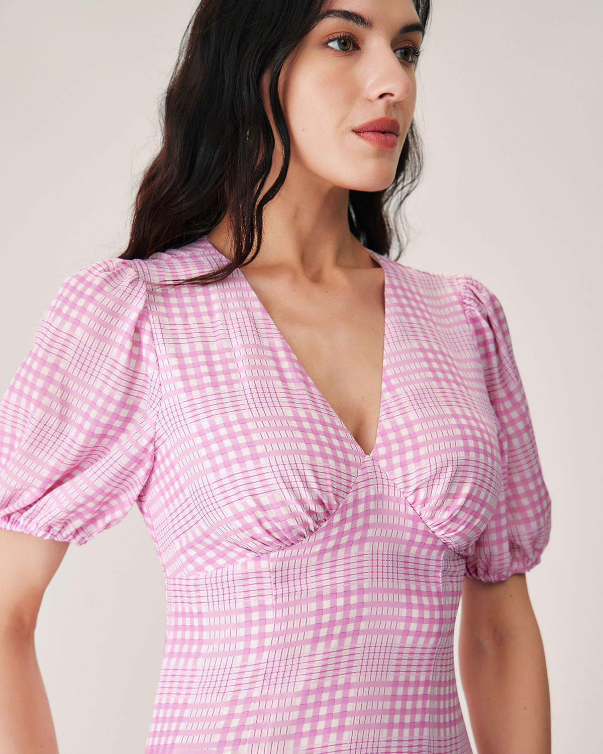 Pembe Ekoseli V-Neck Midi Elbise