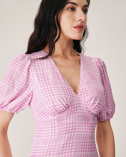 Pembe Ekoseli V-Neck Midi Elbise