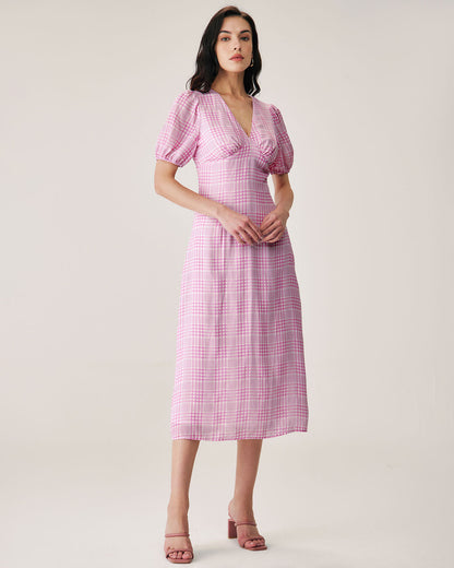Pembe Ekoseli V-Neck Midi Elbise