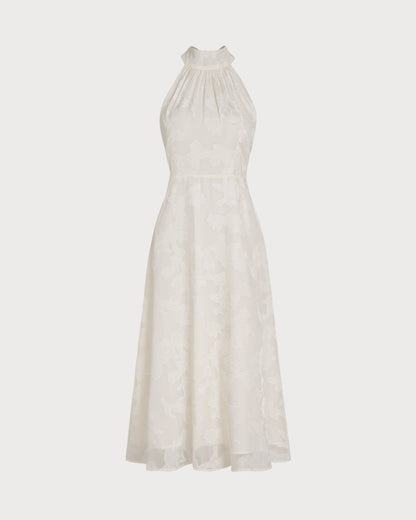 Bej Boyundan Bağlamalı Çiçek Desenli Midi Dresses