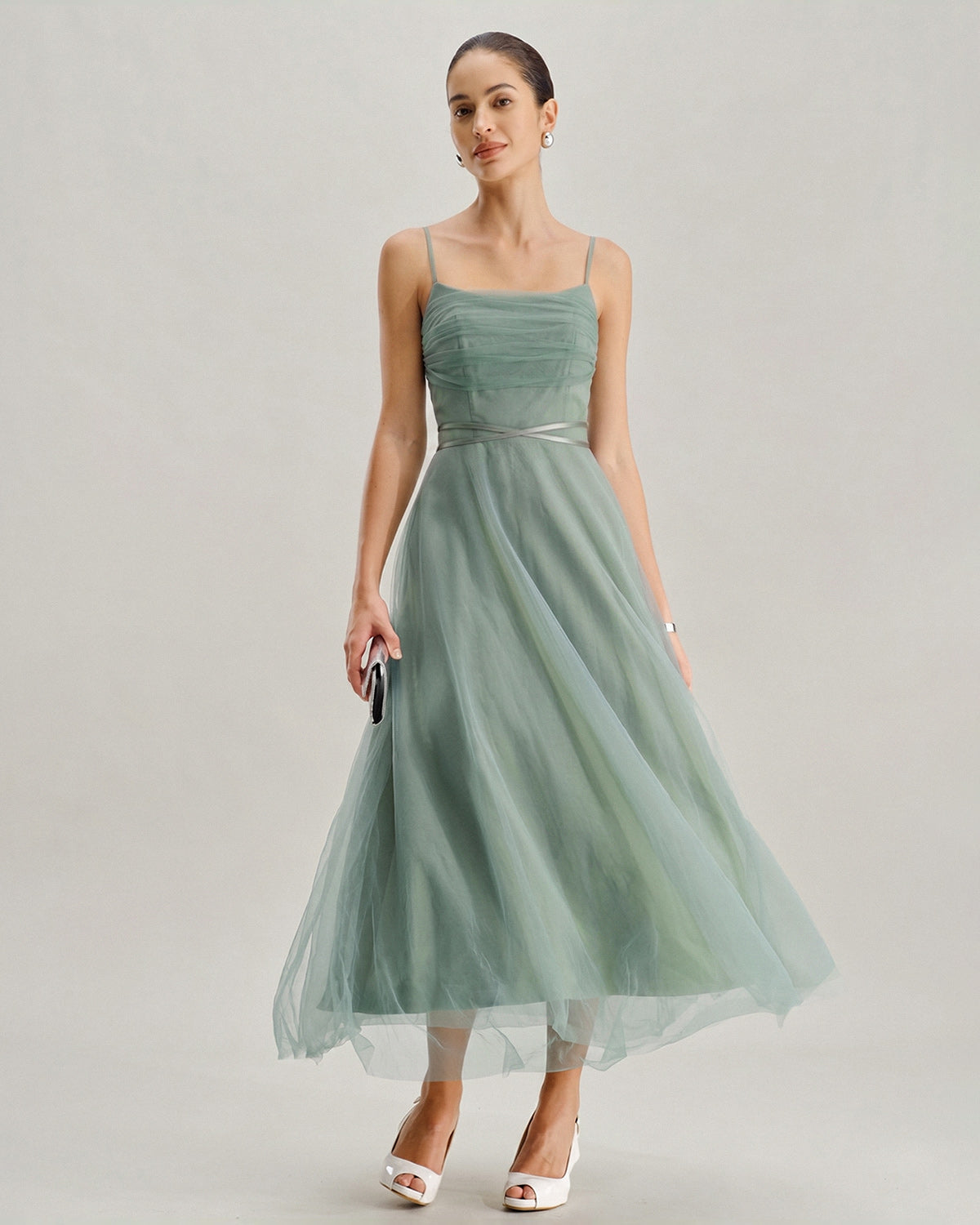 Yeşil File Flowy Slip Midi Elbise
