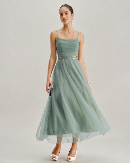 Yeşil File Flowy Slip Midi Elbise